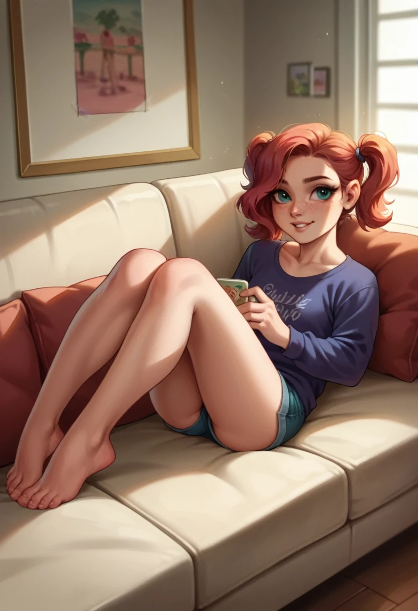 1girl,sitting on a cozy couch,crossing legs,soft light