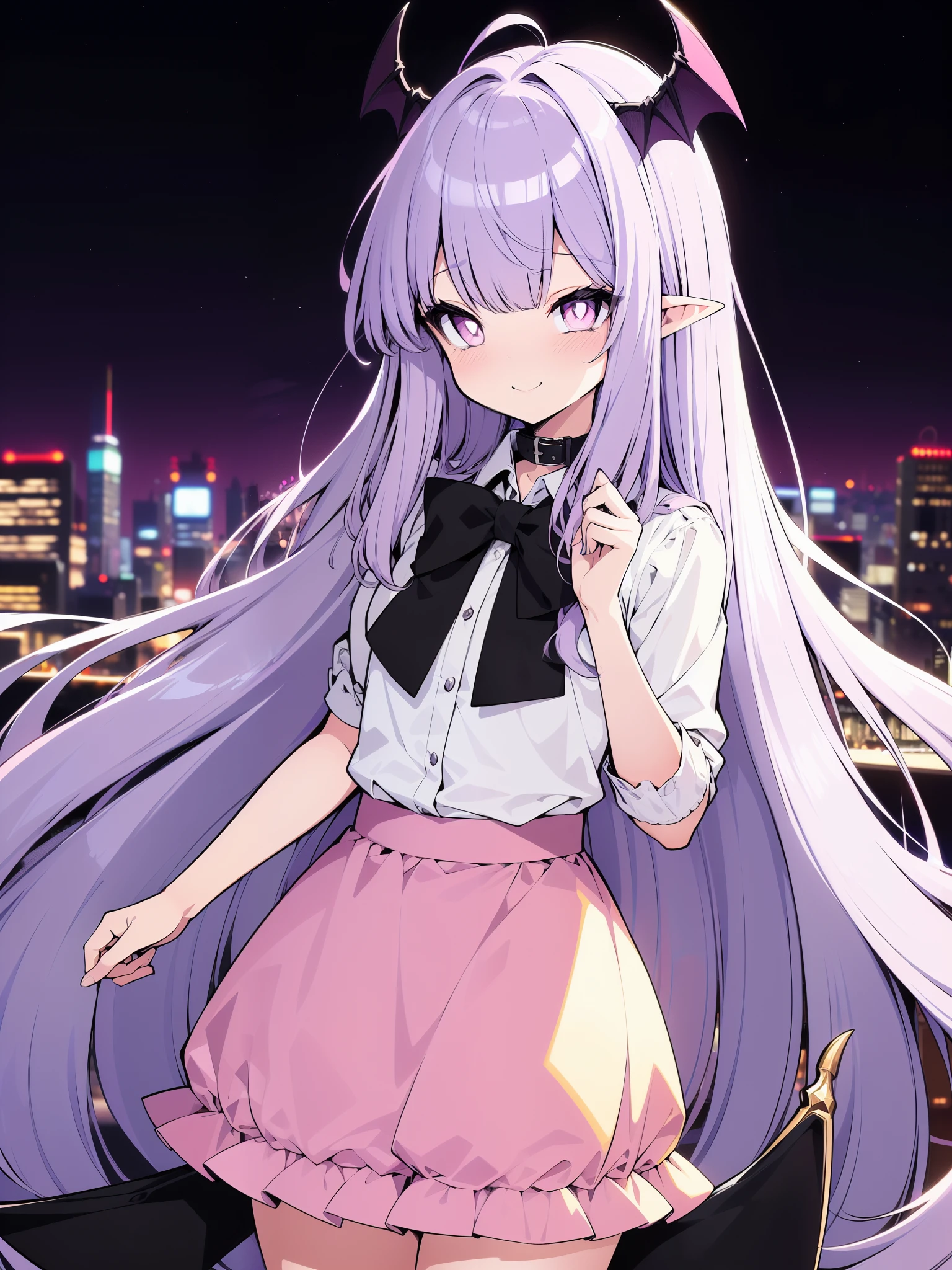 (cowboy shot), (best quality, ultra-high resolution, depth of field:1.2), long flowing hair, (light purple hair), (small black bat wings on the head), pink eyes, pointy ears, (white blouse), pink bow tied at collar, pink skirt, (blushing), (gentle smile), night cityscape background, (city lights:1.1), (cute and mischievous appearance:1.2)