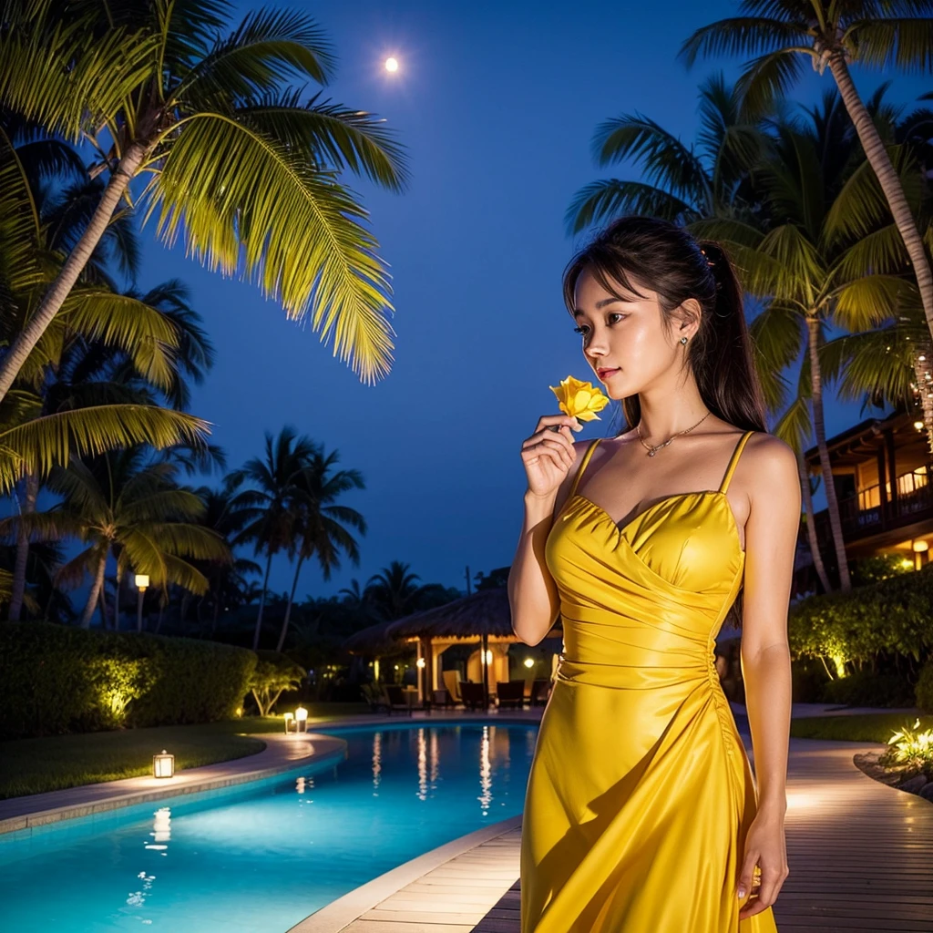 Wearing a yellow dress、A woman enjoying vacation at a tropical resort at night。With a red rose in my hand。