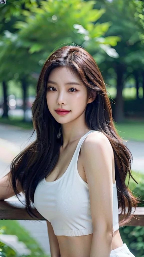 8K, masterpiece, raw photo, best quality, realistic, extremely detailed CG unity 8K wallpaper, depth of field, cinematic light, lens flare, ray tracing, (very beautiful face, beautiful lips, beautiful eyes), Face with intricate details, ((highly detailed skin)), best quality, masterpiece, ultra high resolution, (realistic photo:1.5), Original image, 1 woman, crop top, shorts,smooth, long legs, sexy look, pretty ,Smile brightly, long hair, full body shot, big bust, divided, six pack abs, Morning in the city park.