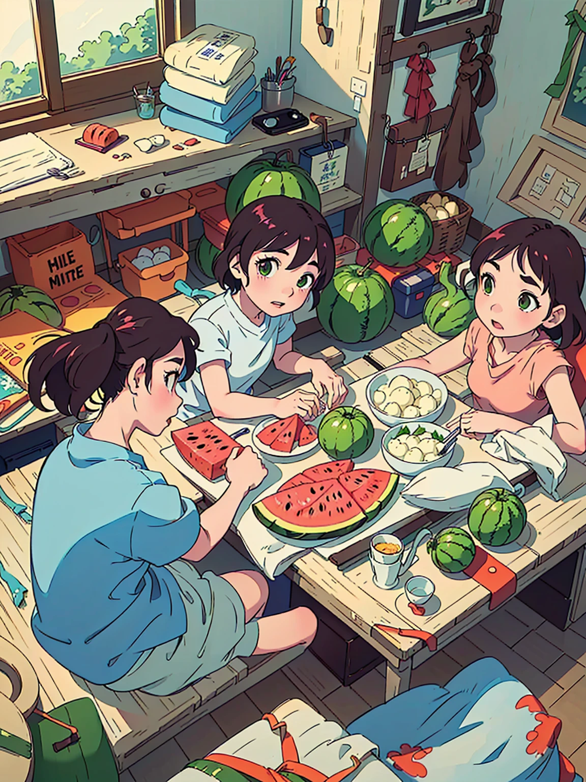 Cartoon kids eating watermelon at the kitchen table, The style of Ghibli animation, The style of Ghibli animation style, Studio Ghibli animation style, studio Ghibli art style, Ghibli art style, Studio Ghibli Sunshine, Ghibli art style, In Studio Ghibli&#39;s animated films, Ghibli animated films, studio Ghibli art style, Studio Ghibli Aesthetics, From Studio Ghibli, Japanese animation style