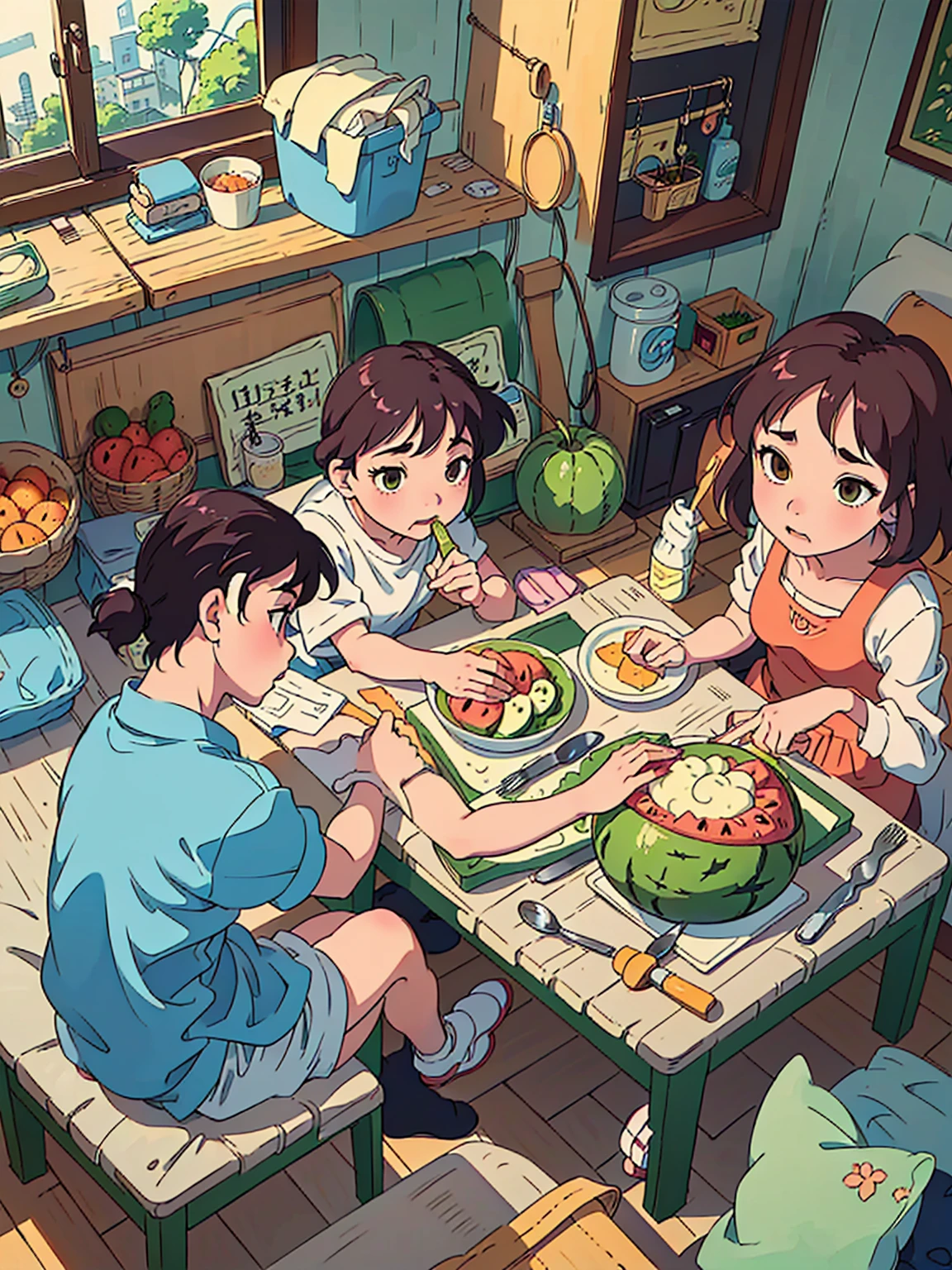 Cartoon kids eating watermelon at the kitchen table, The style of Ghibli animation, The style of Ghibli animation style, Studio Ghibli animation style, studio Ghibli art style, Ghibli art style, Studio Ghibli Sunshine, Ghibli art style, In Studio Ghibli's animated films, Ghibli animated films, studio Ghibli art style, Studio Ghibli Aesthetics, From Studio Ghibli, Japanese animation style