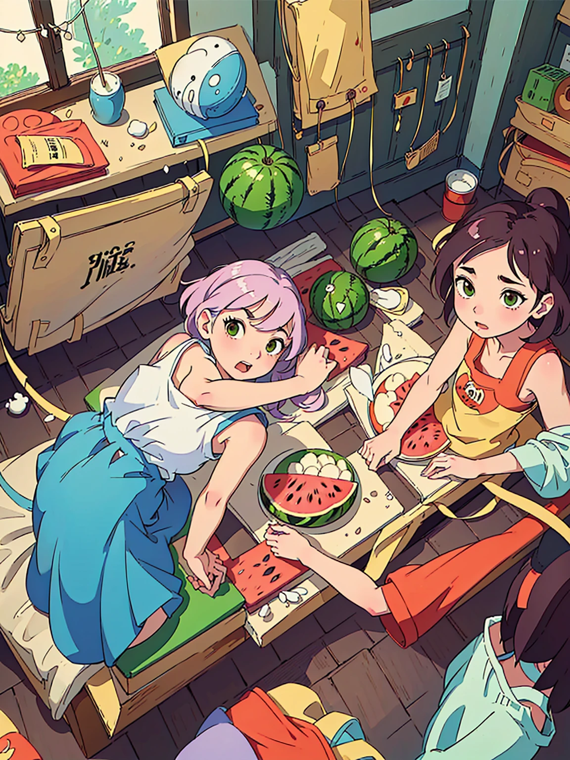 Cartoon kids eating watermelon at the kitchen table, The style of Ghibli animation, The style of Ghibli animation style, Studio Ghibli animation style, studio Ghibli art style, Ghibli art style, Studio Ghibli Sunshine, Ghibli art style, In Studio Ghibli's animated films, Ghibli animated films, studio Ghibli art style, Studio Ghibli Aesthetics, From Studio Ghibli, Japanese animation style