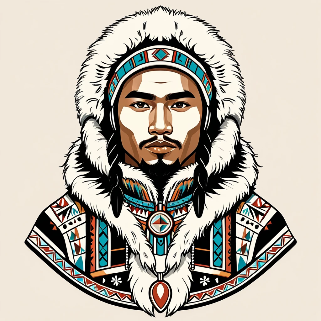 man in native eskimo folk outfit, vector graphics, strong contours
