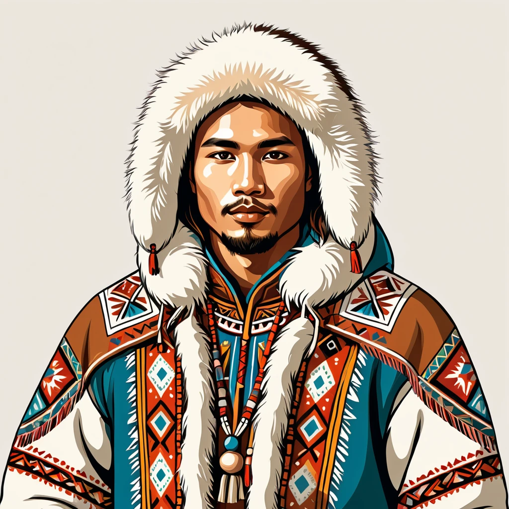 man in native eskimo folk outfit, vector graphics, strong contours
