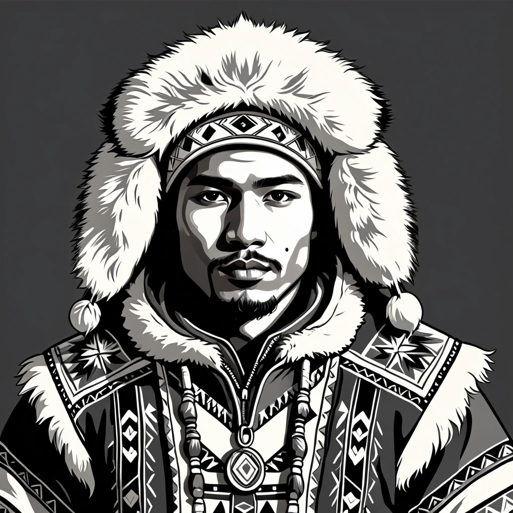 man in native eskimo folk outfit, vector graphics, strong contours