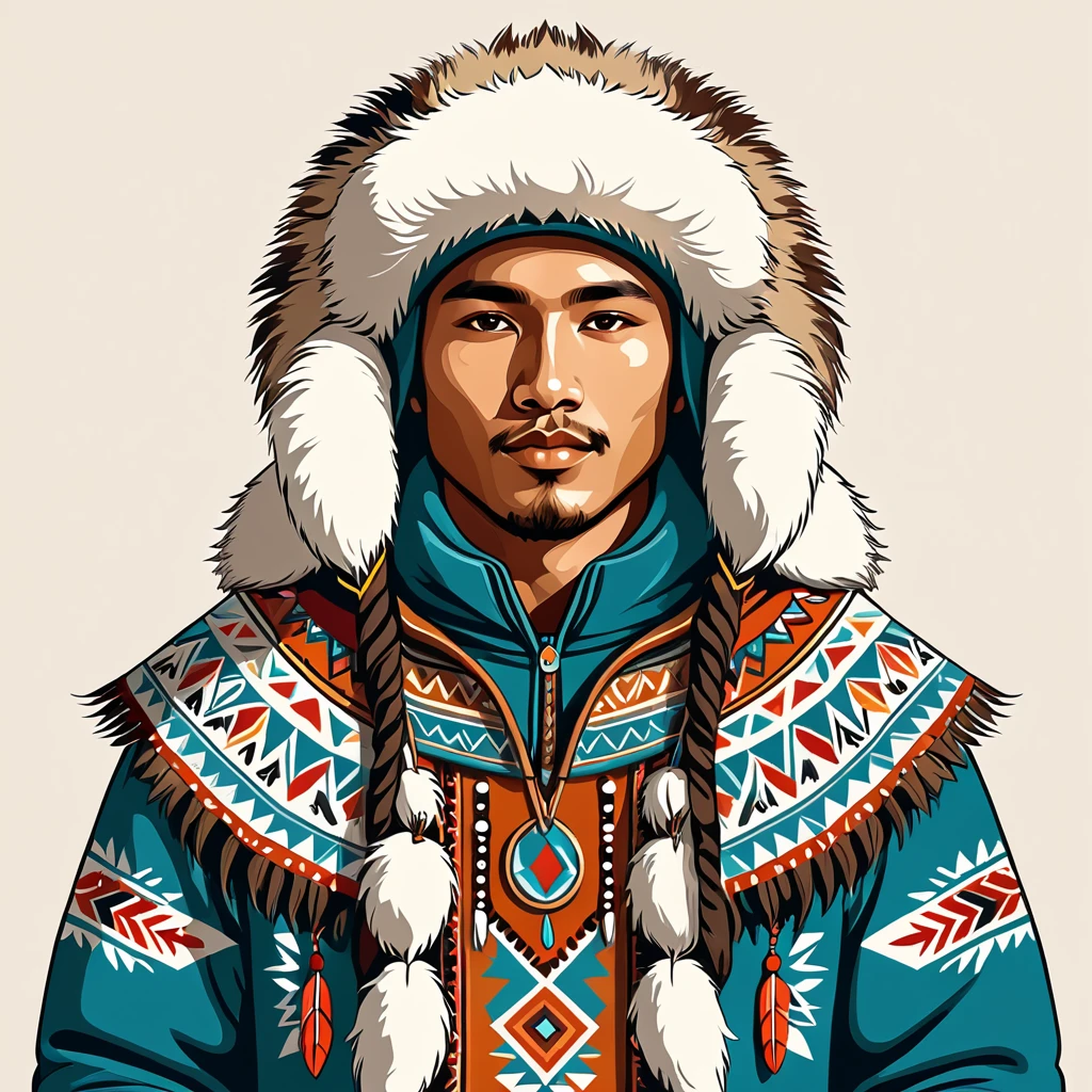 man in native eskimo folk outfit, vector graphics, strong contours
