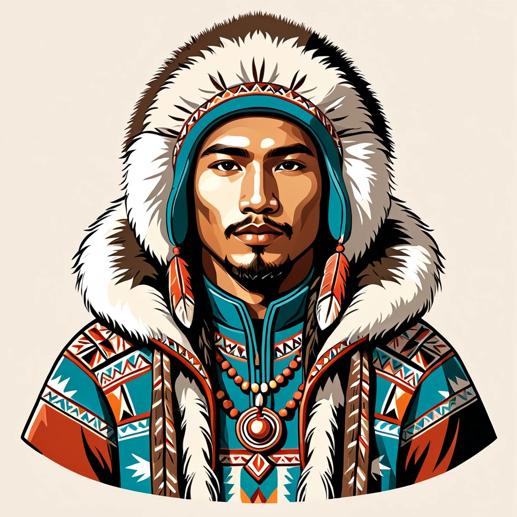 man in native eskimo folk outfit, vector graphics, strong contours