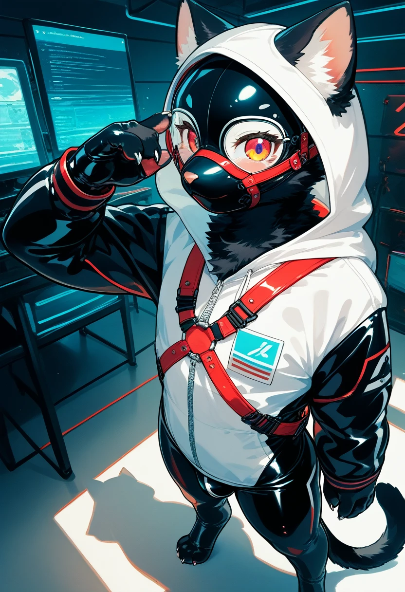 Highest quality, Highest quality, High quality illustrations, masterpiece, Ultra-high resolution, Detailed Background, room, Absurd, Perfect Anatomy, performance, Good lighting, Shadows in the movies(kemono, Furry PersonifiCation), Cat, Black Skin, Rubber suit, Rubber suit, latex, neon, neonライト, neonカラー,  White rubber hoodie, Rubber mask, Red harness, juvenile, null bulge, From above