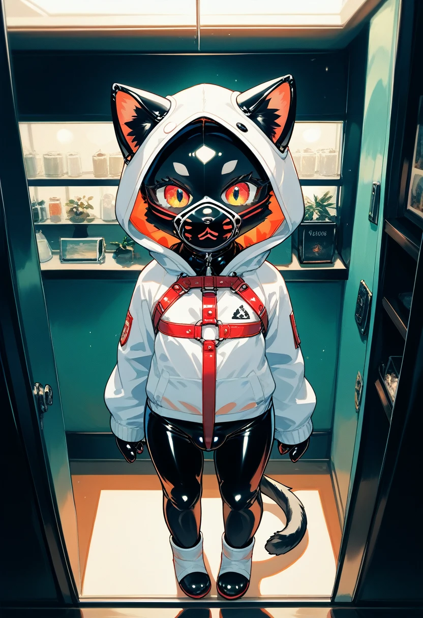 Highest quality, Highest quality, High quality illustrations, masterpiece, Ultra-high resolution, Detailed Background, room, Absurd, Perfect Anatomy, performance, Good lighting, Shadows in the movies(kemono, Furry PersonifiCation), Cat, Black Skin, Rubber suit, Rubber suit, latex, neon, neonライト, neonカラー, White rubber hoodie, Rubber mask, Red harness, juvenile, null bulge, From above