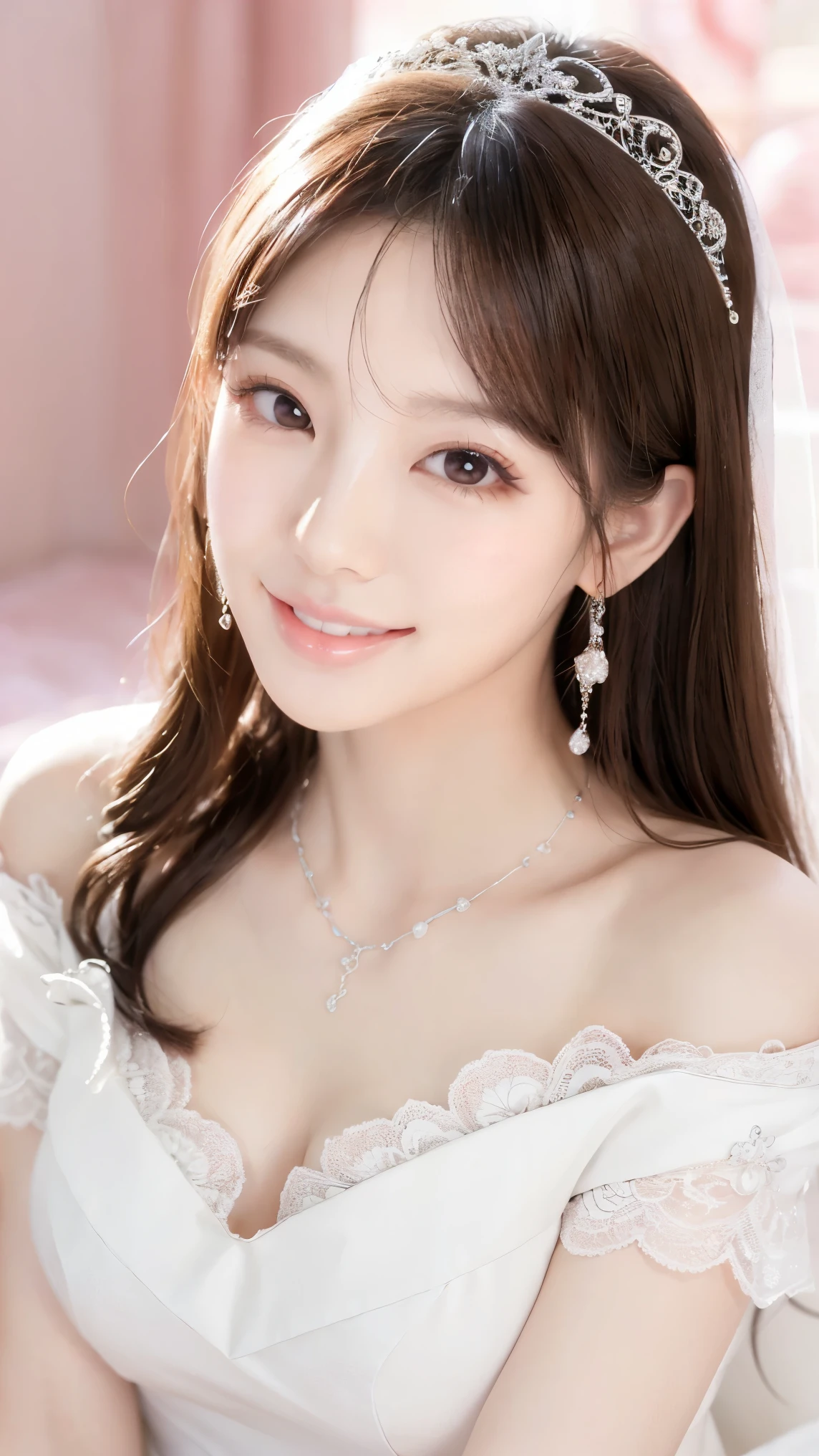 (Highest quality、Tabletop、8K、Best image quality、Award-winning works)、One beautiful bride、(alone:1.1)、(The most extravagant and gorgeous huge pure white wedding dress:1.1)、(Perfect Wedding Lace:1.2)、(The most gorgeous and luxurious giant tiara:1.1)、(The most extravagant and luxurious giant necklace:1.1)、あなたの最高の笑顔で私をplease look、The finest jewellery decoration、Perfect Makeup、Long eyelashes、Ultra HD Shining Eyes、Ultra HD Hair、Ultra-high resolution glossy lips、Ultra High Resolution Perfect Teeth、Super high resolution beautiful face、(Accurate anatomy:1.1)、Very bright and beautiful skin、very bright and vivid、Perfect beautiful bridal hairstyles、(Front facing body:1.1)、(Solid pink background:1.2)、Cleavage、nude、(The 肖像画 was taken from above the lying body: 1.3)、(( M-shaped legs spread, please look )))), (Show me your legs spread wide: 1.5), Real nipples, real open, (女性のマンコ汁がカメラにsquirtしている:1.2), Beautiful 20 year old Japanese girl, Stimulating the clitoris, masturbating and fingering, orgasm, Detailed facial features,(Front view), (squirt from pussy:1.2), (squirt:1.2), Remove the shoulder straps to expose your chest, (Showing realistic beautiful nipples:1.5)