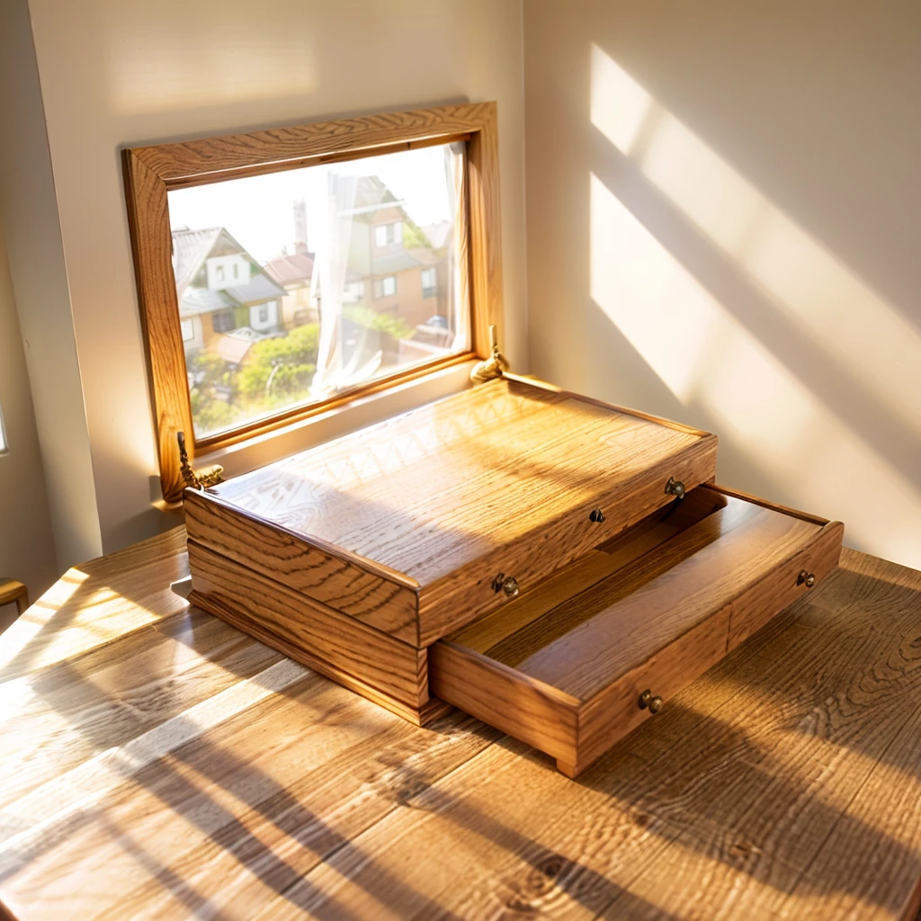 In this cozy room,A ray of sunlight shone through the half-drawn curtains on the table,Let the wood grain on the watch storage box shine with a faint luster。There was a calm and peaceful atmosphere in the air around them。There are several still lifes hanging on the walls of the room,It adds a touch of elegance to the space。And on the other side of the room,The half-open window lets in the breeze,The pages on the small desk by the window turned in the wind,This quiet scene gives a sense of tranquility and comfort。