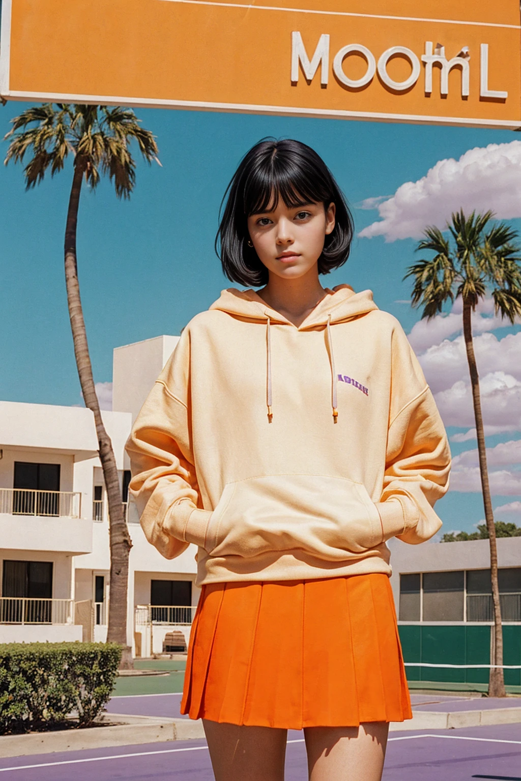 long shot portrait of cute 23 yo girl ,wear ((orange color oversized_hoodie)), wear ((purple tennis skirt)),looking front,Best Quality,Masterpiece,Ultra High Resolution,(Realisticity:1.4),Original Photo, 1Girl, light leak,ultra high resolution,UHD,beautiful, (black bob hair), almond eye, no makeup, in front of (80's mondrian architecture motel), (realistic:1.2), (surreal:1.3), (very detailed:1.1), ((masterpiece)),summer, blue sky, palm trees,sunny, los angles vibes,film camera, 800mm lens,style of Philip Lorca diCorcia