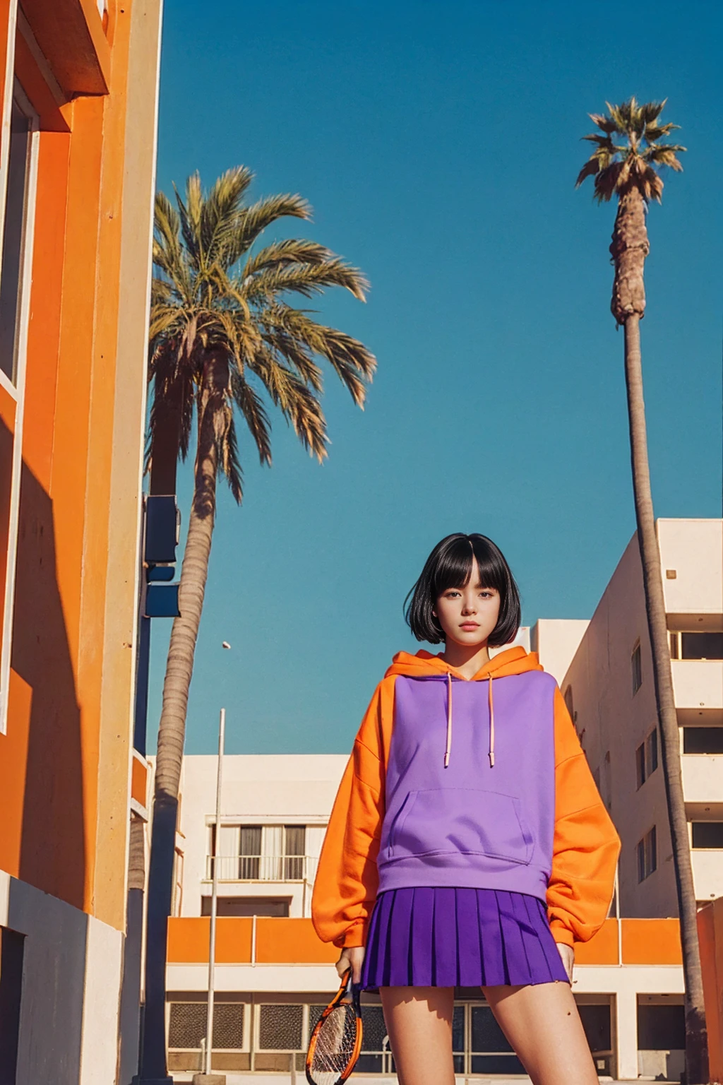 long shot portrait of cute 23 yo girl ,wear ((orange color oversized_hoodie)), wear ((purple tennis skirt)),looking front,Best Quality,Masterpiece,Ultra High Resolution,(Realisticity:1.4),Original Photo, 1Girl, light leak,ultra high resolution,UHD,beautiful, (black bob hair), almond eye, no makeup, in front of (80's mondrian architecture motel), (realistic:1.2), (surreal:1.3), (very detailed:1.1), ((masterpiece)),summer, blue sky, palm trees,sunny, los angles vibes,film camera, 800mm lens,style of Philip Lorca diCorcia