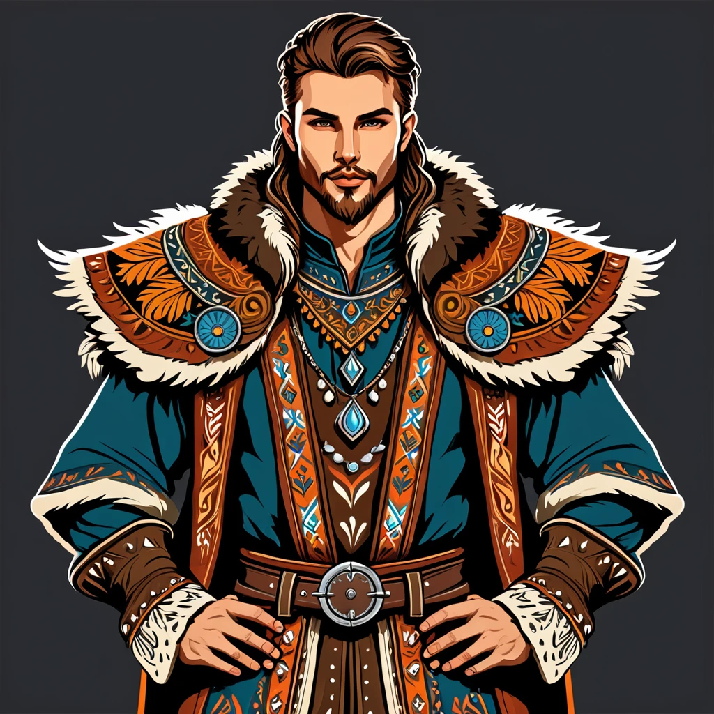 man in fantasy folk outfit, vector graphics, strong contours