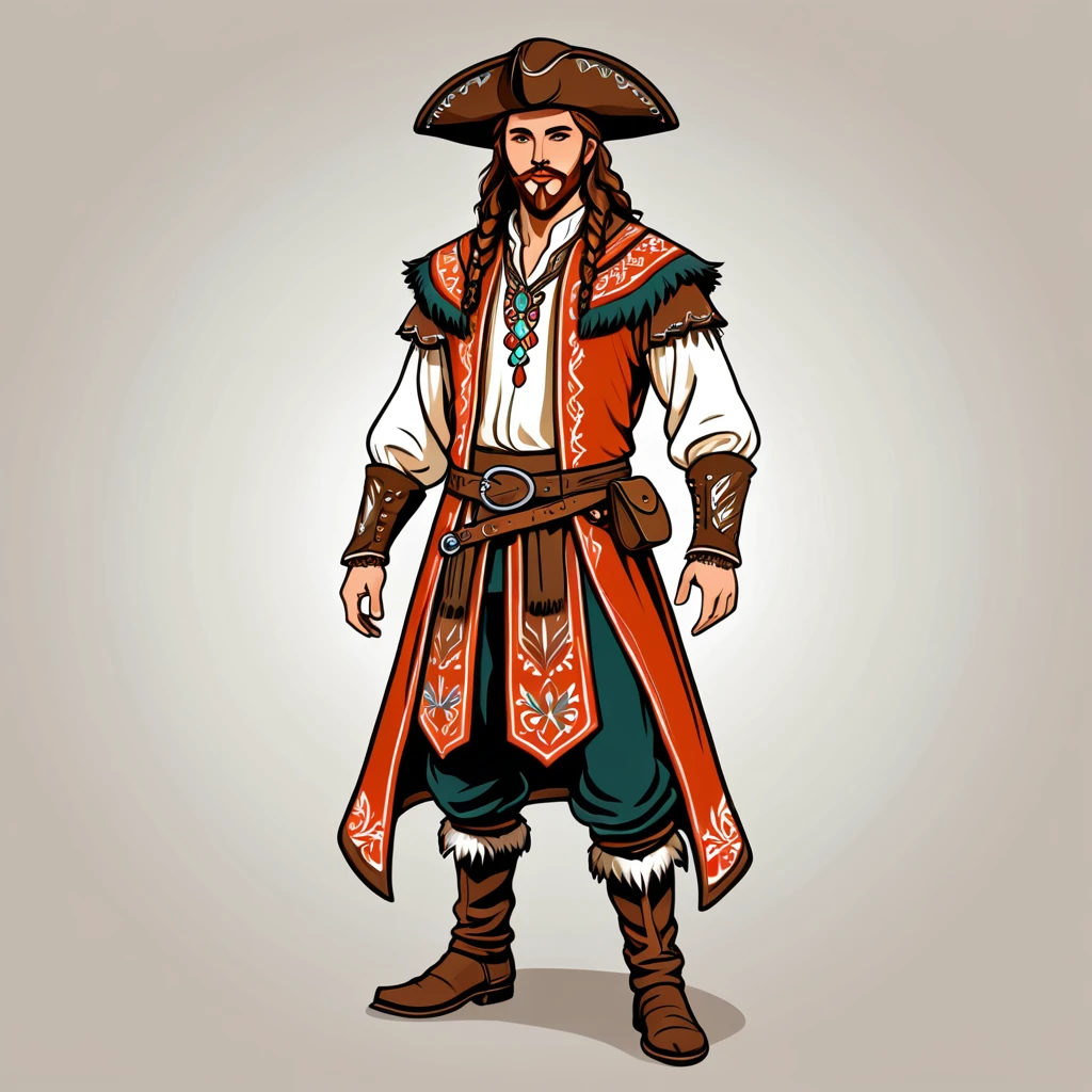 man in fantasy folk outfit, vector graphics, strong contours