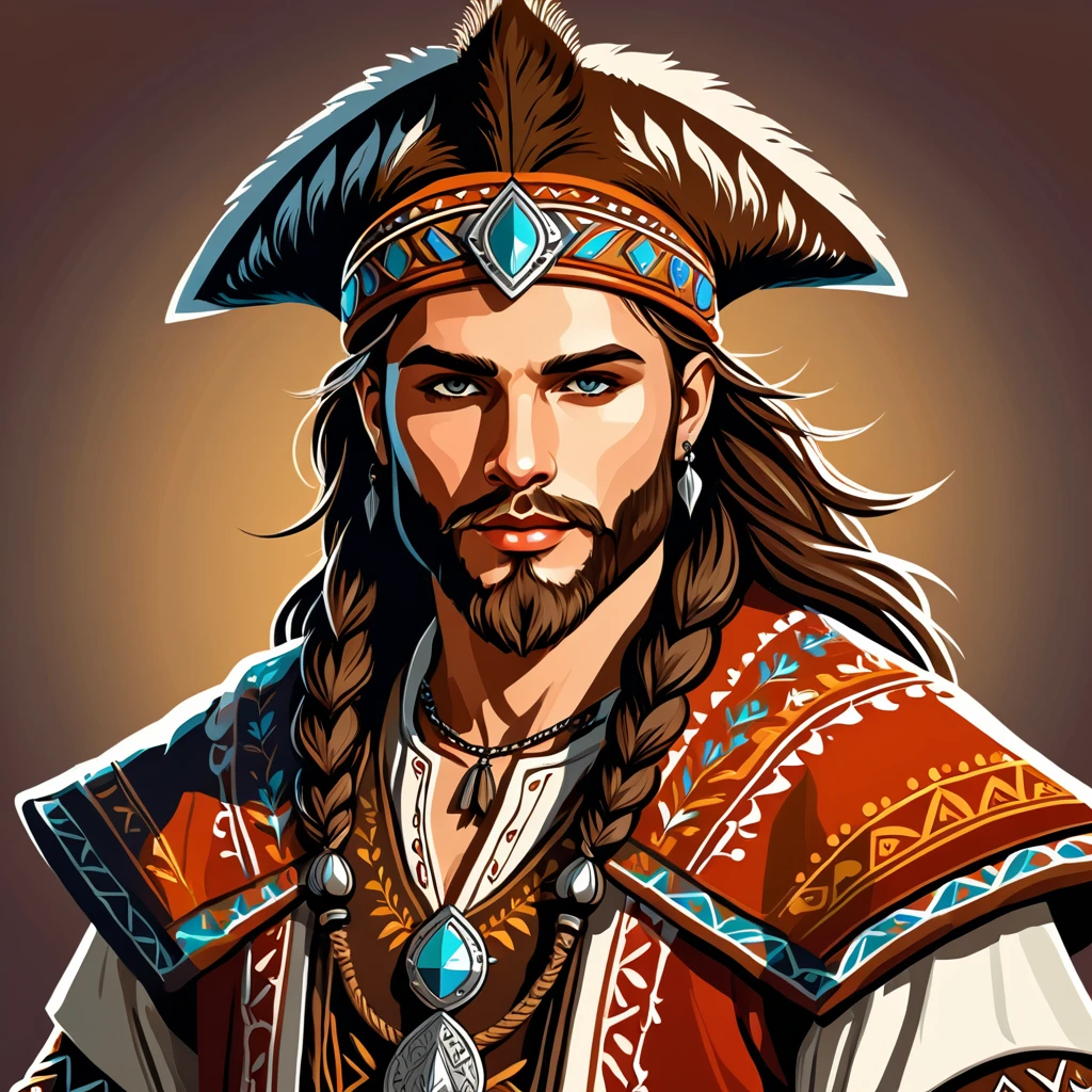 man in fantasy folk outfit, vector graphics, strong contours

