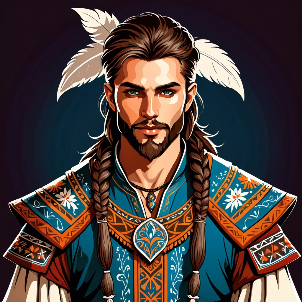 man in fantasy folk outfit, vector graphics, strong contours
