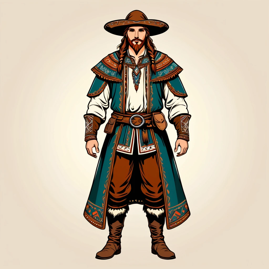 man in fantasy folk outfit, vector graphics, strong contours