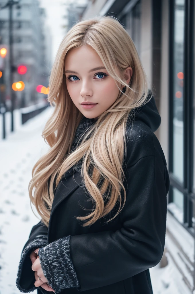 professional portrait photograph of a gorgeous Norwegian girl in winter clothing with long wavy blonde hair, sultry flirty look, gorgeous symmetrical face, cute natural makeup, wearing elegant warm winter fashion clothing, ((standing outside in snowy city street)), stunning modern urban environment, ultra realistic, concept art, elegant, highly detailed, intricate, sharp focus, depth of field, f/1. 8, 85mm, medium shot, mid shot, (((professionally color graded))), bright soft diffused light, (volumetric fog), trending on instagram, hdr 4k, 8k