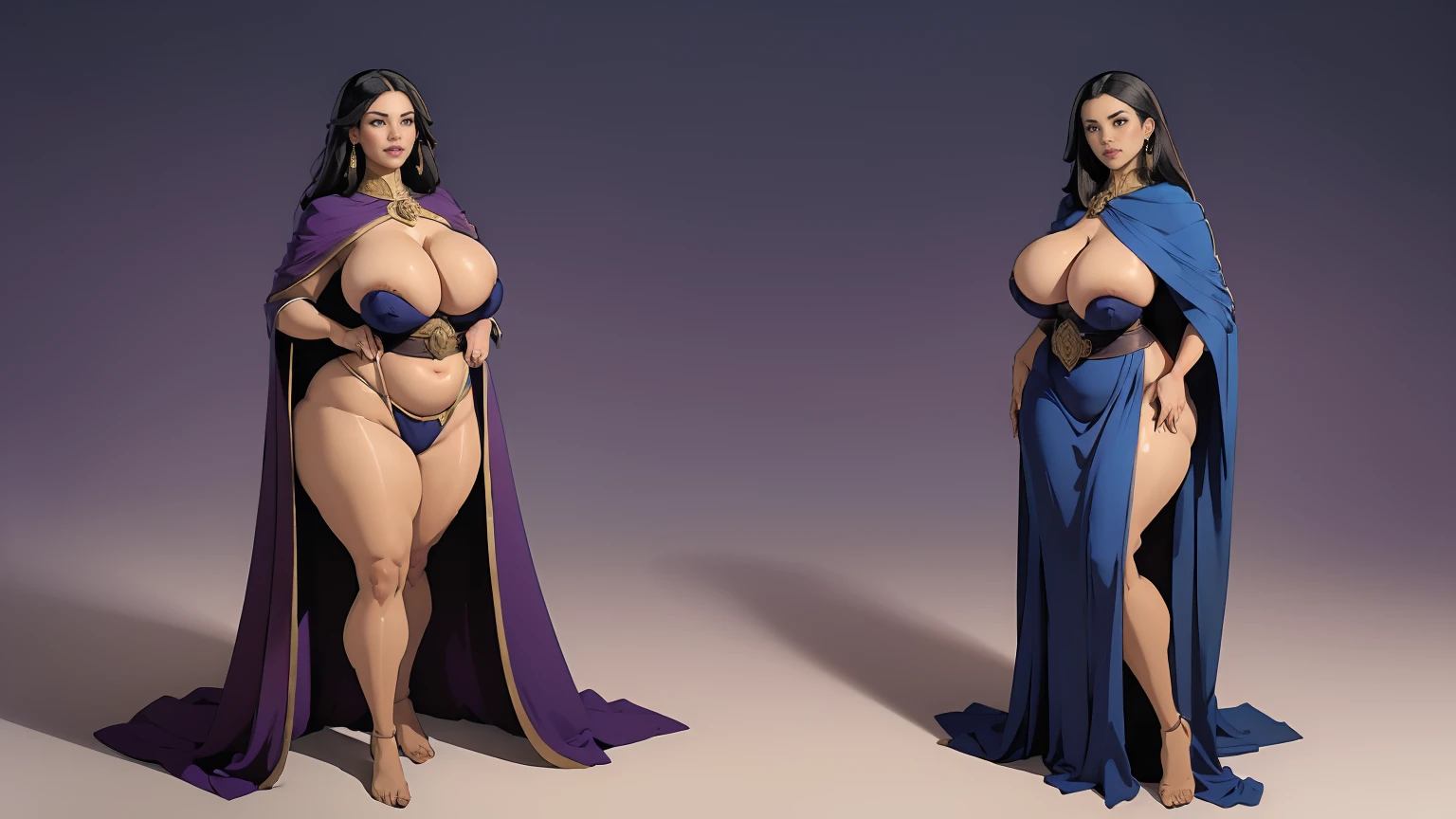 ((masterpiece,best quality)),((character design sheet)),((full body view)),((huge breast)),((curvy body)),2girls, mature womans curse priestess, blue cloak, head bowing, curse aura, skindention, light cloth, dinamic pose, watercolour, red skin, demoness , whispering sins, simple background, ((curvy body)).