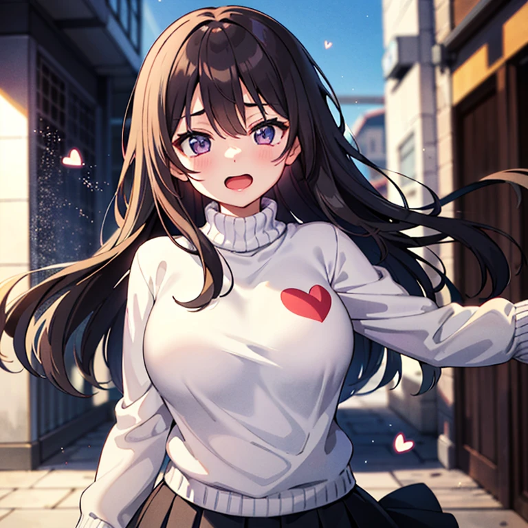 high school girl, Wearing a cozy white sweater, Upper Body, (LOL:1.1), (Open your mouth wide:1.1), (Eyes Wide Open:1.2), Sun glare, Bokeh, Depth of written boundary, Blurred Background, Particles of light, Strong winds, (Heart Particles:1.1), Big Breasts, Wide hips