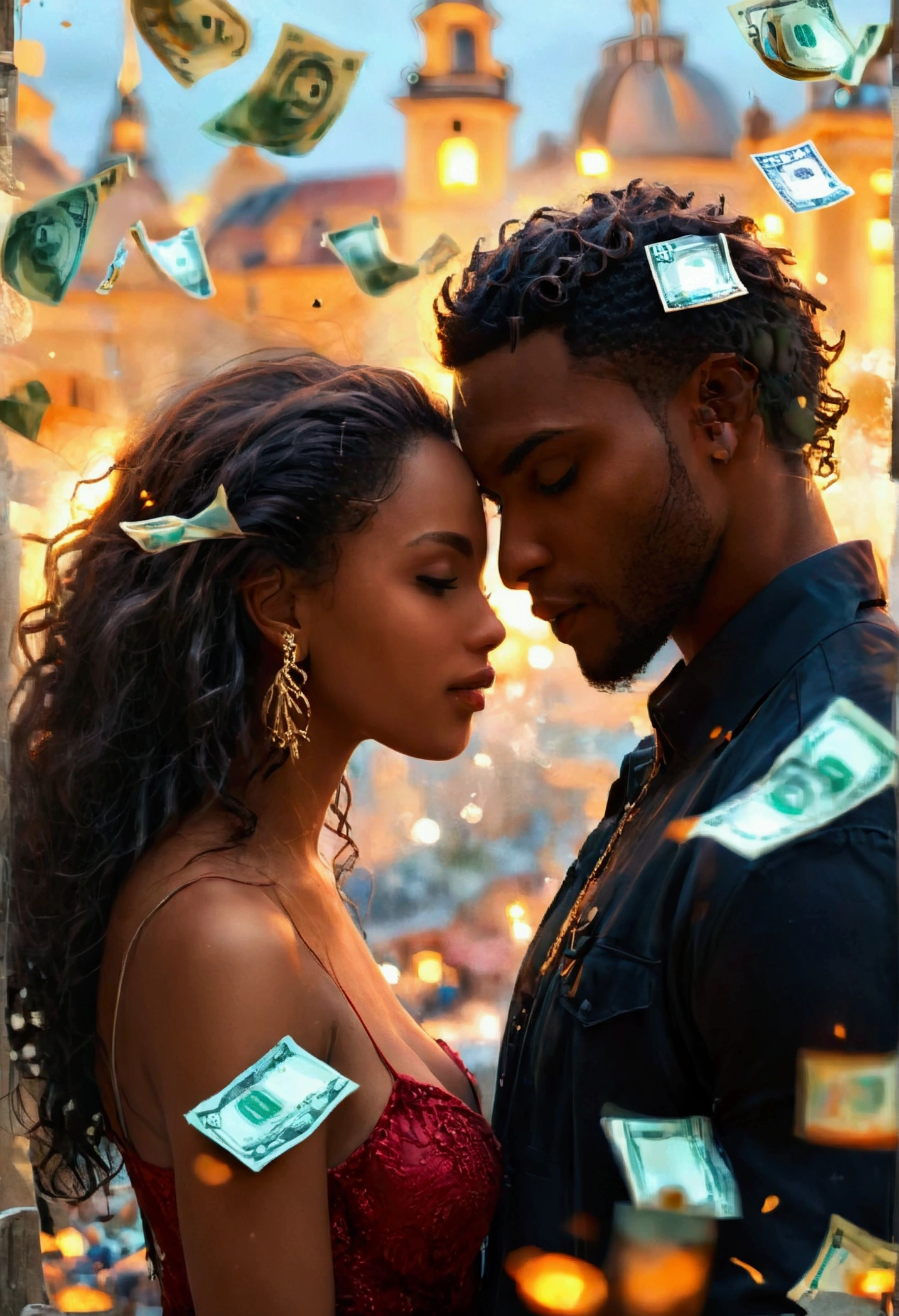 a romantic city in the background, a beautiful couple black man and latin woman, romantic posture, Casual clothes, many luxury and money bills in the air, hyperrealistic image, artistic, Surreal, 8k, imagen artistic
