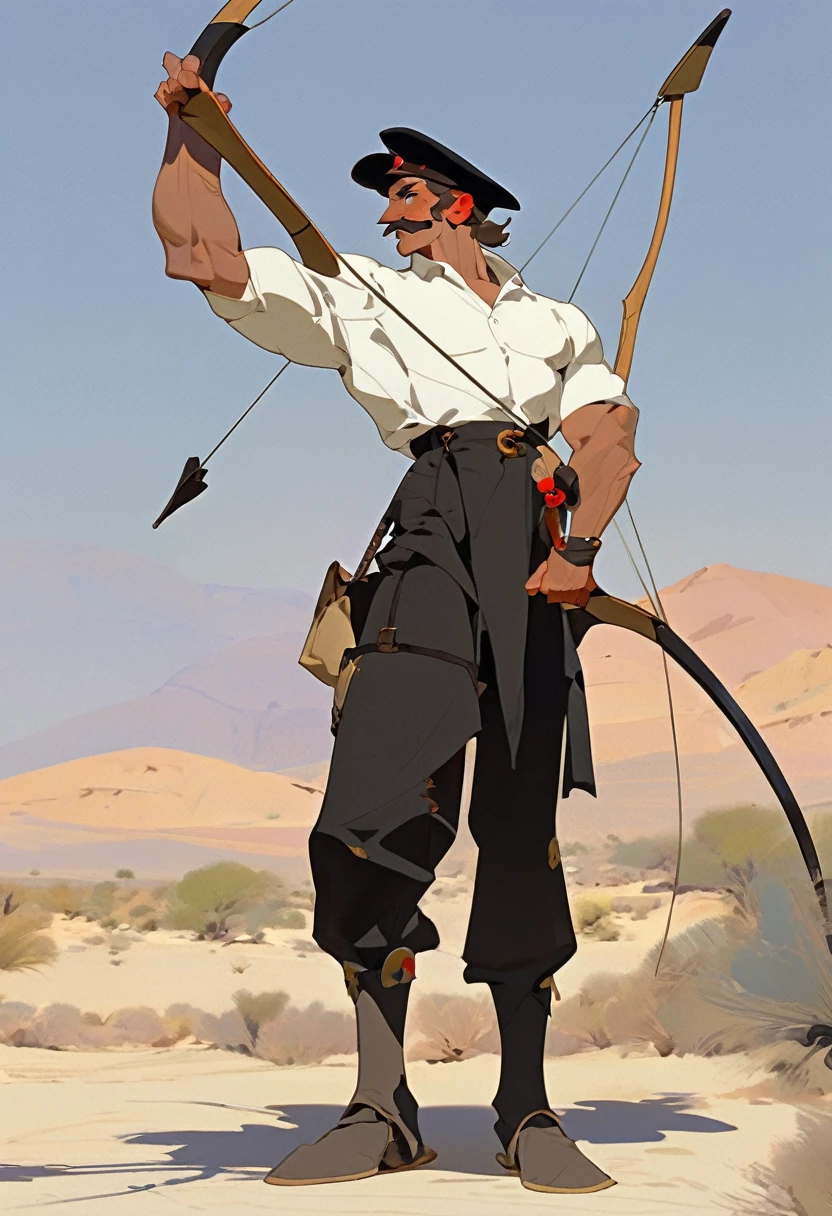 score_9, score_8_up, score_7_up, score_6_up, score_5_up, score_4_up, 2man, Western, Desert, red sun, scorching sun, arid, Horizon, far away, Brown wavy hair, strong Body, white dress shirt with, black suspender,black pants patched, Beret, big franch mustache, Arrogant, young adult, Muscular, full body, Holding a bow and arrow, Farm in the desert, Stable, Horses