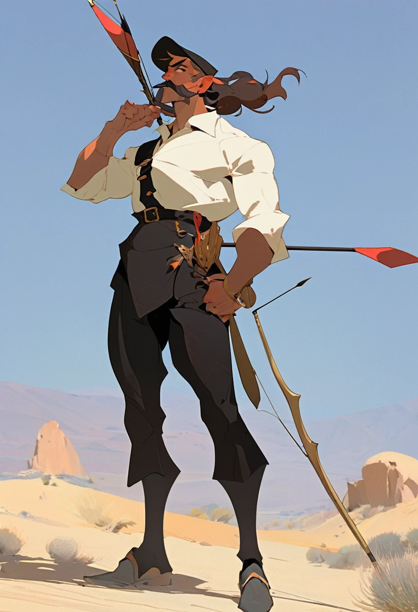score_9, score_8_up, score_7_up, score_6_up, score_5_up, score_4_up, 2man, Western, Desert, red sun, scorching sun, arid, Horizon, far away, Brown wavy hair, strong Body, white dress shirt with, black suspender,black pants patched, Beret, big franch mustache, Arrogant, young adult, Muscular, full body, Holding a bow and arrow, Farm in the desert, Stable, Horses 