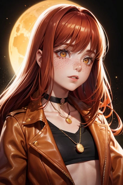 1 23 year old girl,fair skin with freckles on the face , with long red hair, gold cat eyes/ yellows , wearing a small and delicate choker, with a small pendant, wearing a short brown leather jacket, wearing a blouse, on a dark background, mocking facial squeezing, slim body