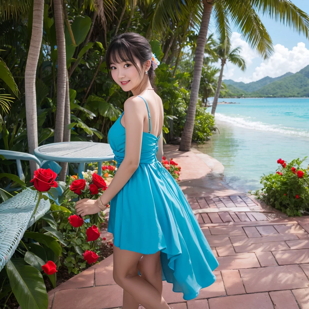 Wearing a blue dress、A woman enjoying vacation at a tropical resort。With a red rose in my hand。