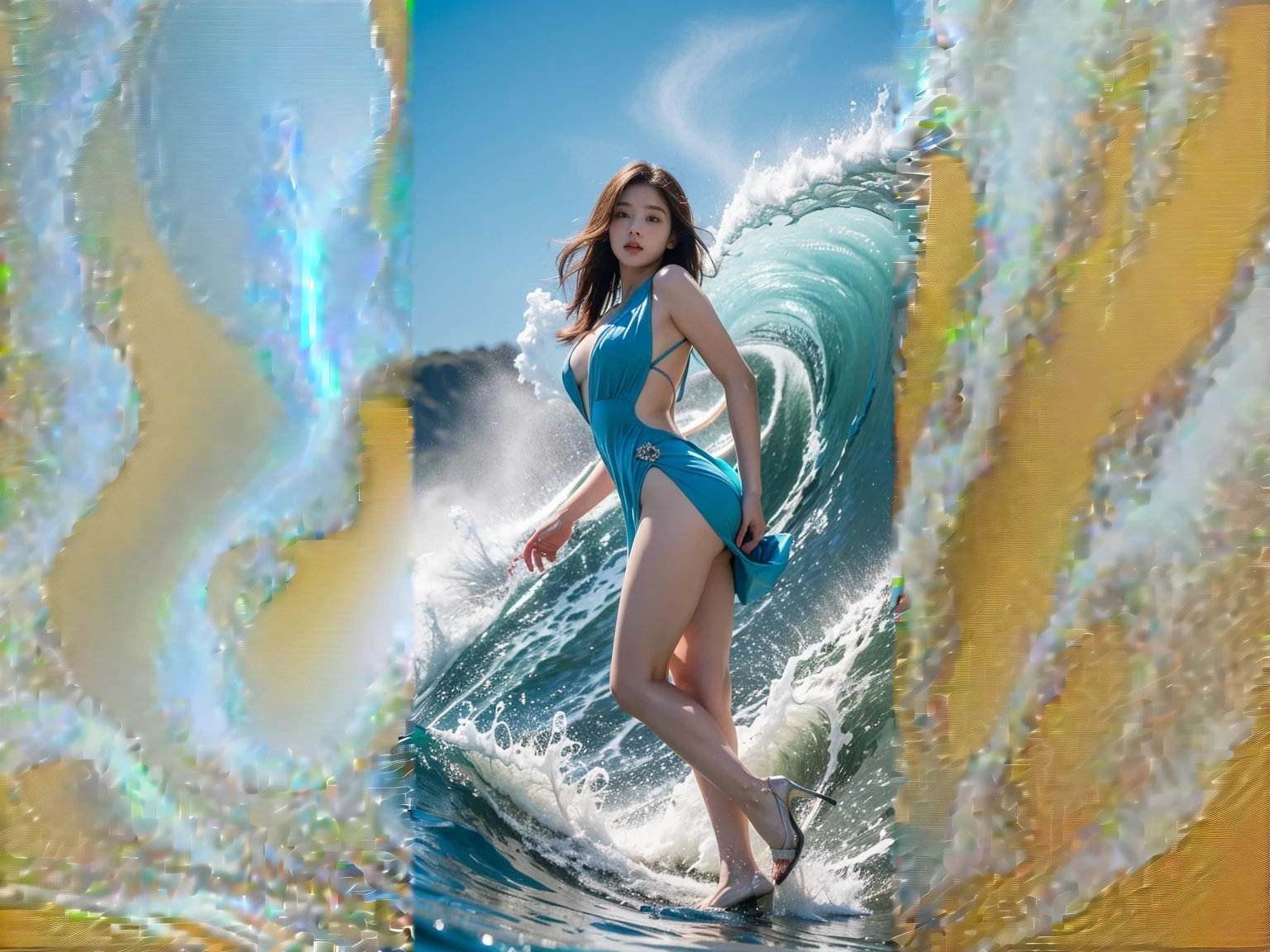 arafed woman in a blue Swimwear riding a wave, Asuka as a surfer model, Jaeyoung Nam, Kim Tae-jun, beautiful south Korean women, Incredible beauty, Choi Hong-hwa, Queen of the Sea Mu Yanling, Goddess of the Sea, Hwang Seong, Korean Girls, Swimwear, gorgeous young Korean women, Korean women