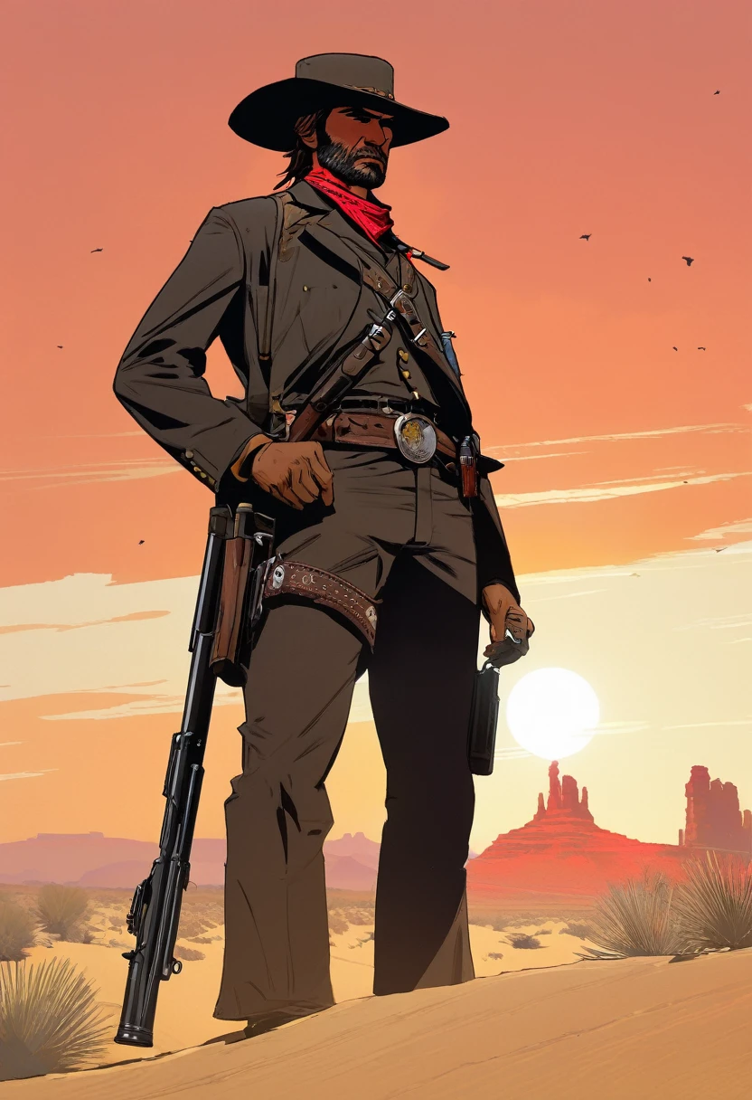 score_9, score_8_up, score_7_up, score_6_up, score_5_up, score_4_up, 1man, Western, Desert, red sun, scorching sun, arid, black clothes, Horizon, far away, Eyes shining, old sniper carabina, Year 1600, Wild West, red dead Redemption, cartoon art style