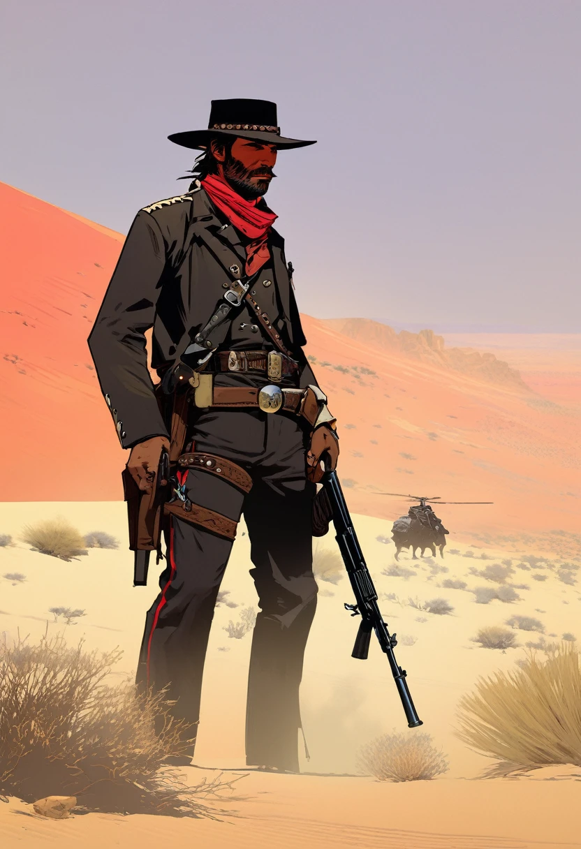 score_9, score_8_up, score_7_up, score_6_up, score_5_up, score_4_up, 1man, Western, Desert, red sun, scorching sun, arid, black clothes, Horizon, far away, Eyes shining, old sniper carabina, Year 1600, Wild West, red dead Redemption, cartoon art style