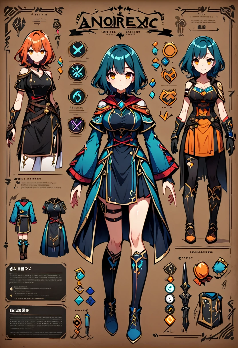 Framed Presentation of a mage (anorexic:1.2) woman character design sheet for a video game with detailed accessories, shoes, weapons, and dresses of different colors, buttons to customize the character to your liking