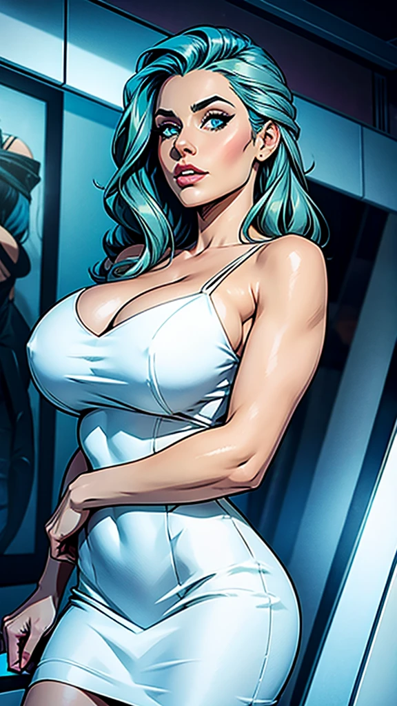 beautiful,eyes green,blue hair, elegant purole AND white dress, female,1girl, busty. Voluptuos. Comic style. Marvel comics.