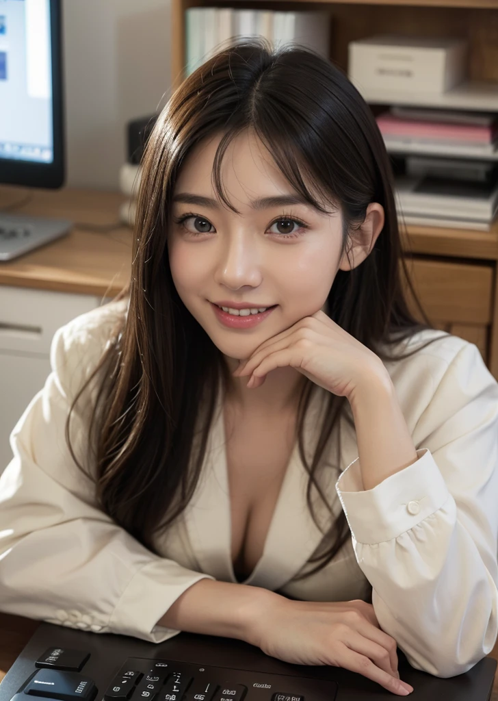 (Realistic, photo-Realistic:1.37),(8K, RAW Photos, Highest quality, masterpiece:1.2), cute, Ultra-detailed, Ultra-high resolution, Kodak Vision Color, Filmed with an Arricam LT camera, Bokeh, Sharp focus, Watching the audience,photoRealistic,Realistic, alone, photoRealistic, Highest quality,Highly detailed face,Highly detailed eyes and face, Detailed and beautiful eyes,Absurd, incredibly Absurd,An unforgettable smile,Medium Hair,22 years old、slender、Jacket、Bra Top、mini skirt、High heels、Japanese、office、A woman working overtime at the office、Upper Body、Averted gaze、computerとにらめっこ、computer、officeチェアに座って仕事をしている、Surrounded by many books and papers、Serious expression、
