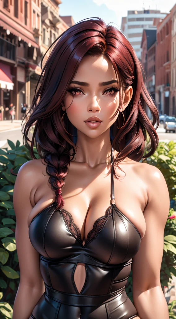 burgundy hair, brown skin, intricate laced lingerie, detailed gorgeous face, beautiful mature aboriginal girl, long braided burgundy hair, large_breast, toned stomach, ample hips, mesmerizing accentuated detailed big booty, showing midriff, (photorealistic, photorealism), (8k, RAW photo, highest quality, masterpiece, ultra-high resolution, physically-based rendering),