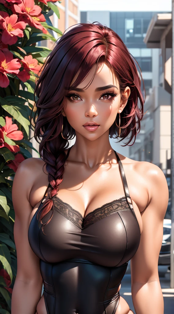 burgundy hair, brown skin, intricate laced lingerie, detailed gorgeous face, beautiful mature aboriginal girl, long braided burgundy hair, large_breast, toned stomach, ample hips, mesmerizing accentuated detailed big booty, showing midriff, (photorealistic, photorealism), (8k, RAW photo, highest quality, masterpiece, ultra-high resolution, physically-based rendering),