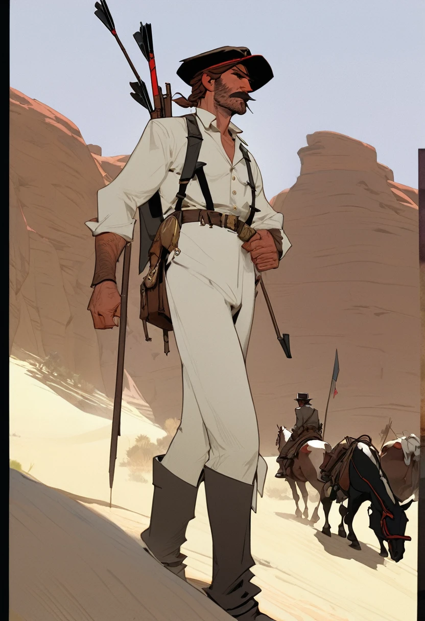 score_9, score_8_up, score_7_up, score_6_up, score_5_up, score_4_up, 1man, Western, Desert, red sun, scorching sun, arid, black clothes, Horizon, far away, Eyes shining, old sniper carabina, Year 1600, Wild West, red dead Redemption, cartoon, Brown wavy hair, strong Body, white dress shirt with, black suspender,black pants patched, Beret, big franch mustache, Arrogant, young adult, Muscular, full body, Holding a bow and arrow, Farm in the desert, Stable, horses