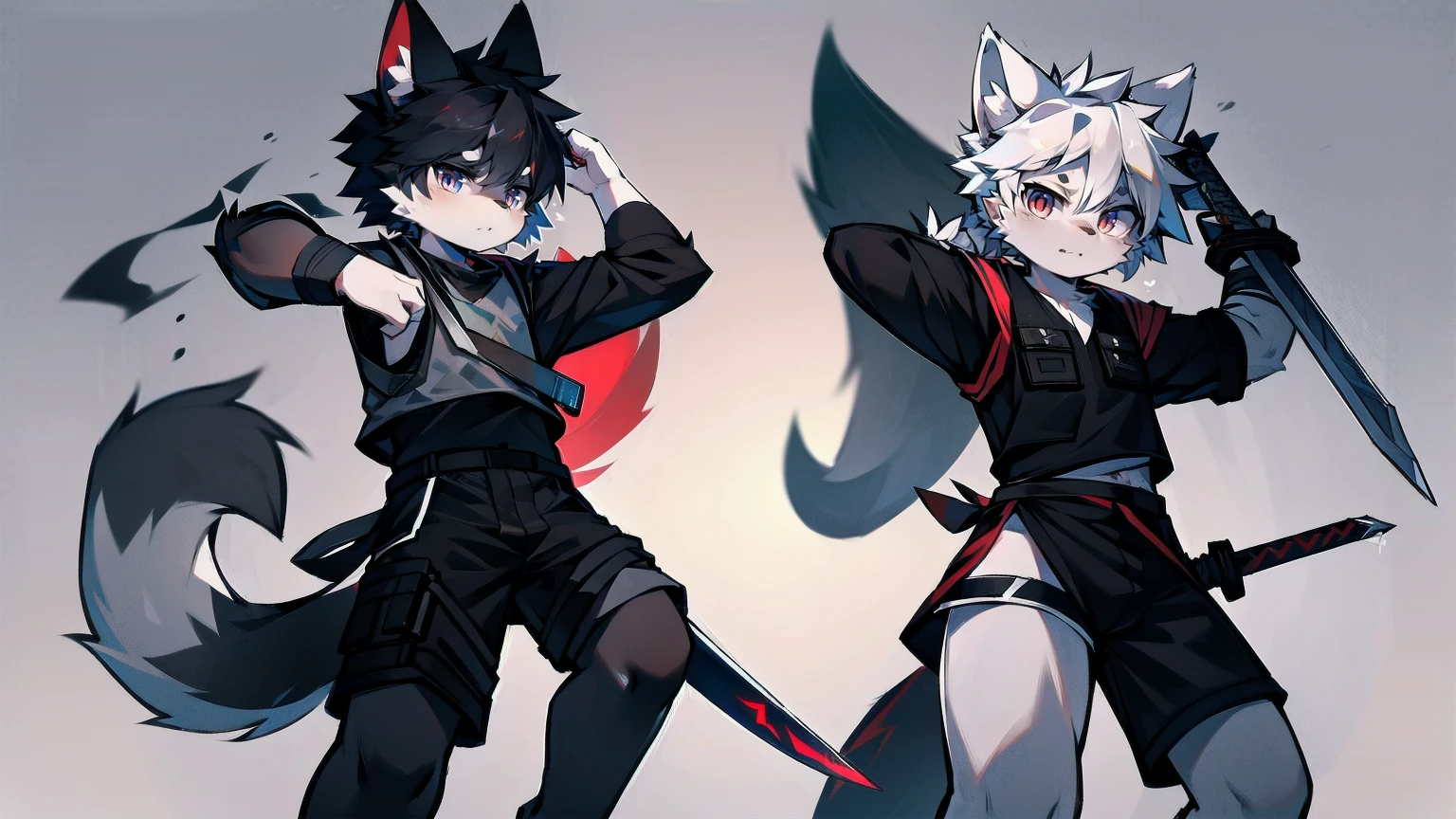 White Wolf,black hair,Red eyes,Wolf ears,Wolf Tail,juvenile,male,hairy,Hair,Half body armor,Combat uniform,Silver and black clothing,Handsome,Handsome,shorts,The forearm is exposed,leg,Fighting Stance,Duel,Two people,Anxious,Armed with a sword,Simple background,Swords