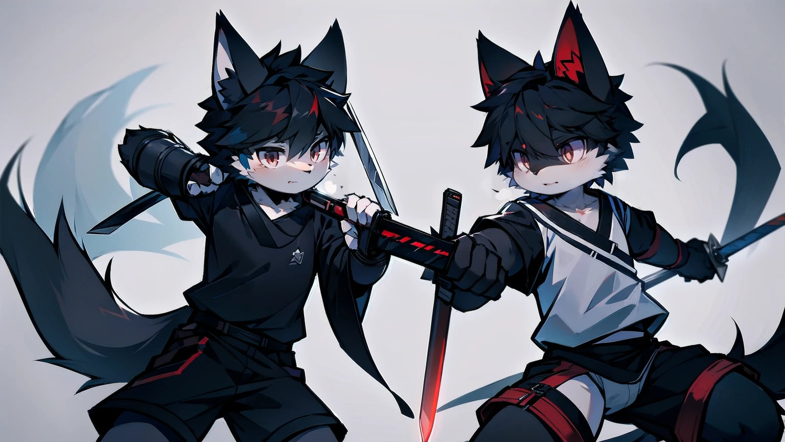 White Wolf,black hair,Red eyes,Wolf ears,Wolf Tail,juvenile,male,hairy,Hair,Half body armor,Combat uniform,Silver and black clothing,Handsome,Handsome,shorts,The forearm is exposed,leg,Fighting Stance,Duel,Two people,Anxious,Armed with a sword,Simple background,Swords