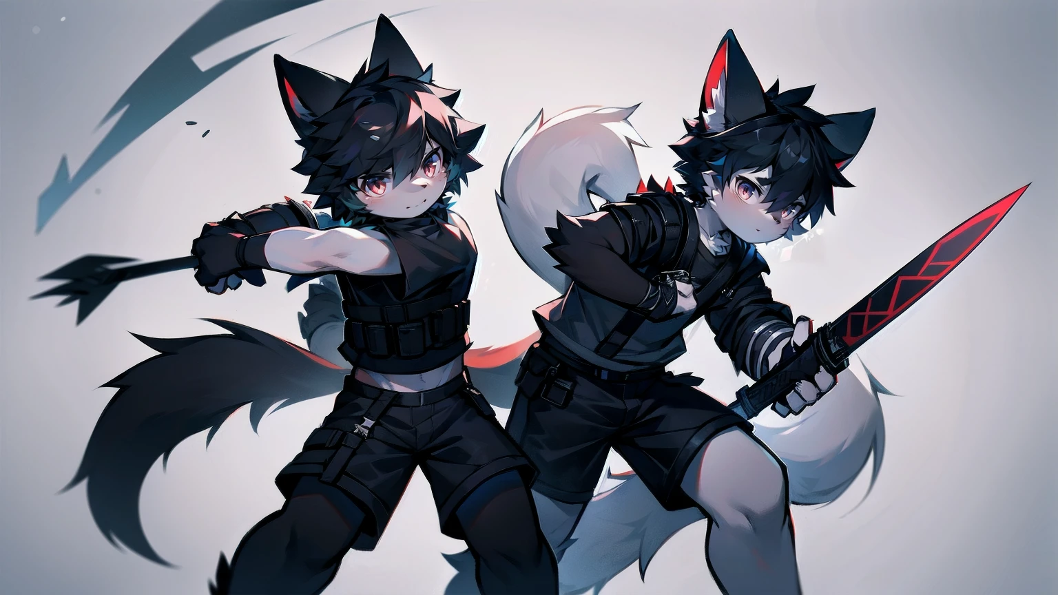 White Wolf，black hair，Red eyes，Wolf ears，Wolf Tail，juvenile，male，hairy，Hair，Half body armor，Combat uniform，Silver and black clothing，Handsome，Handsome，shorts，The forearm is exposed，leg，Fighting Stance，Duel，Two people，Anxious，Armed with a sword，Simple background，Swords