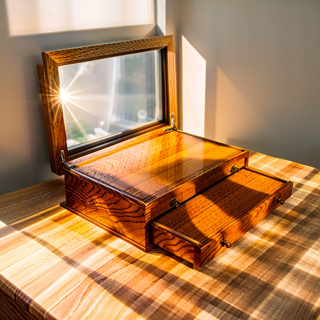In this cozy room,A ray of sunlight shone through the half-drawn curtains on the table,Let the wood grain on the watch storage box shine with a faint luster。There was a calm and peaceful atmosphere in the air around them。There are several still lifes hanging on the walls of the room,It adds a touch of elegance to the space。And on the other side of the room,The half-open window lets in the breeze,The pages on the small desk by the window turned in the wind,This quiet scene gives a sense of tranquility and comfort。