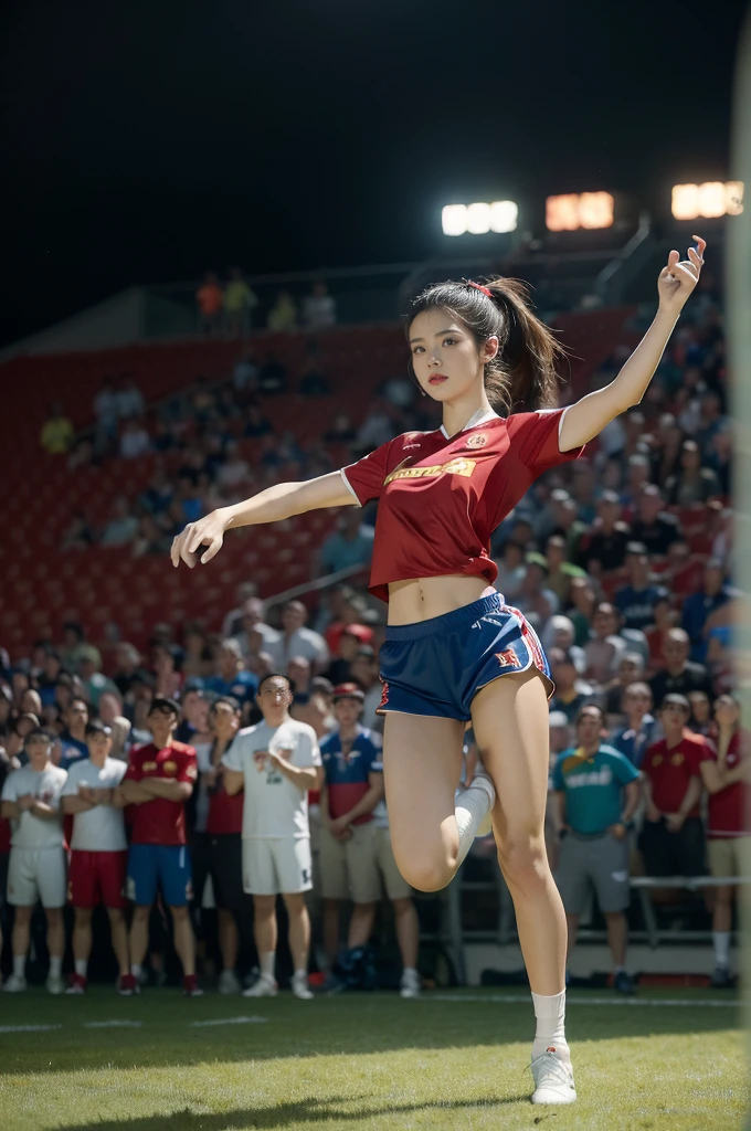 (((best quality))), (((ultra detailed))), (((masterpiece))), illustration,(a beautiful girl,female footballer,solo),(short ponytail:1.2),Spanish team,(short sleeves:1.2),((red jersey, blue shorts)),((slim,thin)),((small breasts,flat chest))),(slender legs:1.2),(football:1.3),determination, agility, passion, dedication, energetic crowd, vibrant atmosphere, electric, invigorating, chaotic, aggressive movements, powerful kicks, elegance, composure, intensity, sports, moment, perseverance, stands, packed stands, enthusiastic fans, roaring, supportive, cheering, chanting, sheen of sweat, skillful, dynamic, picturesque, atmospheric, action-packed, dramatic, realistic,adium, night game, stadium lighting, passionate player, focus, determination, talent, artistry, movement, speed, grace,(standing:1.3),((from front,full body)),(night scene:1.3)