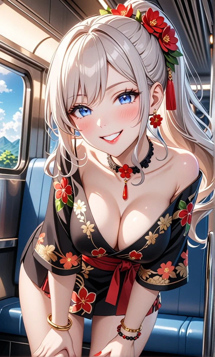 ultra-detailed, ((one girl)), (nsfw:1.4), (pale skin:1.4), in pastel colors gyaru, (heavy makeup), hyper detailed, absurdres, 8K, Beautiful Face, (Laugh shyly), ((teasing smile:1.8)), ((Wink:1.6)), (Laugh with your mouth wide open),((Tilt your face:1.6)), View your viewers, ((full-face blushed:1.5)),Glossy Red Lips, ((Big Breasts:1.5)), ((undressing:1.2)), ((Exposed nipples:1.3)), noon, on the train, (Brighten your face), ((Anime style background)),masterpiece, Highest quality, so beautiful,Latest, Complex details, (Red long nails), (nail art), (ring),(bracelet), (Floral Choker),AI-generated, Complex,High resolution, Highest quality, super high quality,3D Images、3D Images,One person,Long white hair,(High Ponytail), (wavy hair:1.3), White haired anime woman posing for a photo, ((Fine grain、blue eyes、glowing eyes:1.5)), (Squint your eyes:1.1),a hyperRealistic , hyperRealistic , Realistic,Anime woman with long white hair, Smooth anime CG art, (A girl in a gorgeous black kimono), ((Black furisode:1.3)), (Gold embroidery), (Red floral embroidery),Long flower hair ornament,Floral Earrings,Mature Body, tall,Narrow waist, ((Sit in the seat)), ((leaning forward:1.6)), (from below), ((incoming kiss:1.5)),