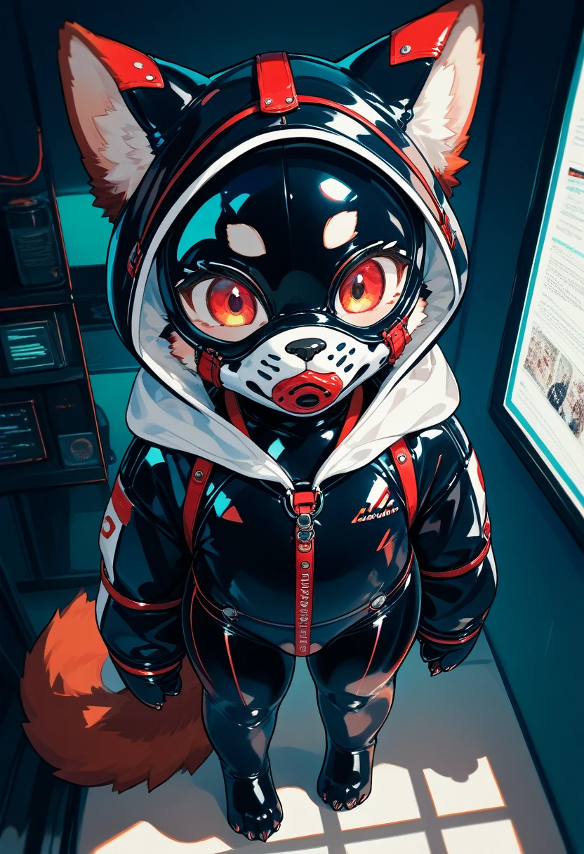 Highest quality, Highest quality, High quality illustrations, masterpiece, Ultra-high resolution, Detailed Background, Gaming Room, Absurd, Perfect Anatomy, performance, Good lighting, Shadows in the movies(kemono, Furry Personification), cat, Black Skin, Rubber suit, Rubber suit, latex, neon, neonライト, neonカラー, Fishnet tights, Rubber Hoodie, Rubber Mask, Embarrassed, null bulge, male, juvenile
