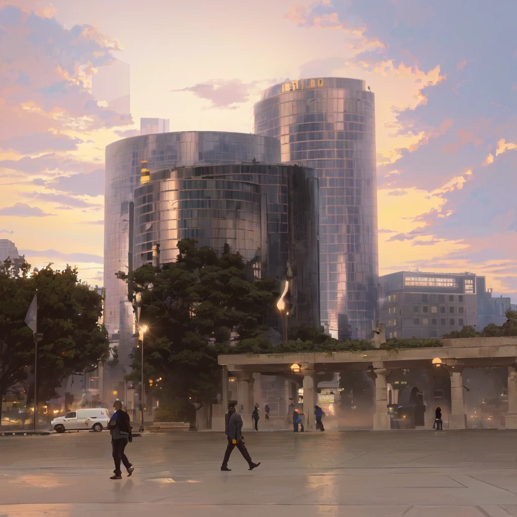 people walking through a square with some buildings in the background, capital square, epic buildings in the center, Round buildings in the background, In Chuquicamata, tall buildings in the background, modern buildings, clean and dense buildings, surrounding the city, with tall glass skyscrapers, City square, with shiny glass buildings, plaza, anime. version anime