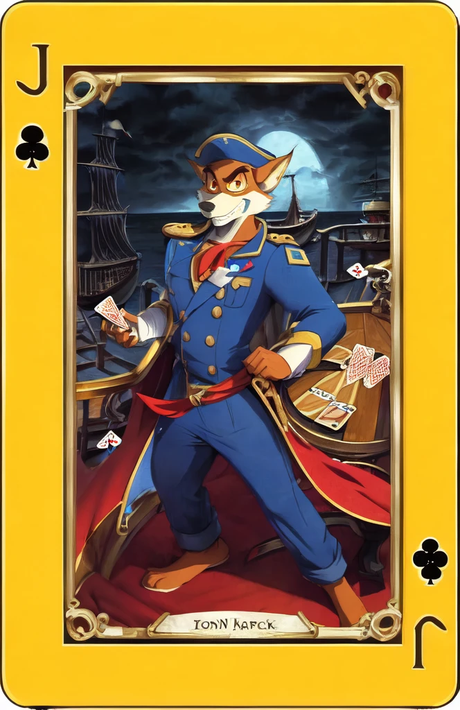 (((image designed as poker card)))

((Jack of Spades)) - (((Don Karnage))):
Barefoot furry character, furry male, plantigrade
Card Elements: The (((spade symbol))) is prominently displayed, with Don Karnage wielding a cutlass. The border of card is adorned with ((spade patterns)) and ((letter "J")).
Don Karnage, the swashbuckling red wolf pirate from "TaleSpin." He has reddish fur, sharp red eyes, and a lean, agile build.
Don Karnage is dressed in a blue captain's military uniform with red and gold accents, light blue pants and tricorn hat.
The background features a pirate ship with spade-shaped sails and a stormy sea.


BREAK, masterpiece, ((detailed background)), ((dynamic background)), 8K, (masterpiece:1.5), intricate details, highly detailed, extreme detail, octane render, unreal engine, anime art, best quality, highres, (detailed face:1.5), ((full_body)), UHD, (((perfect hands))), low light