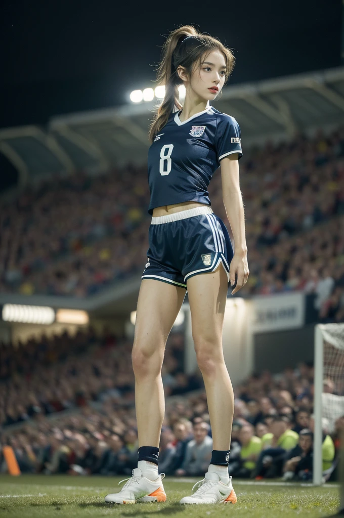 (((best quality))),(((ultra detailed))),(((masterpiece))),illustration,((1 beautiful girl,female footballer,solo)),((small breasts,flat chest)),((slim,thin)),summer night,stadium,crowded stands,enthusiastic spectators,football match,(short ponytail:1.2),(short sleeves:1.2),((England team kit,white shirt,Navy shorts)),(slender legs:1.2),(football:1.3),fluid movements,powerful,sweat,forehead,exhaustion,passion for football,purposeful running,electric atmosphere,crowd roar,critical juncture,pressure,undeterred,floodlights,luminous glow,long shadows,drama,breathtaking sight,raw passion,unbridled energy,determination,skill,embodiment of sport's spirit,strength,resilience of human spirit,(standing:1.3),((from front,full body))